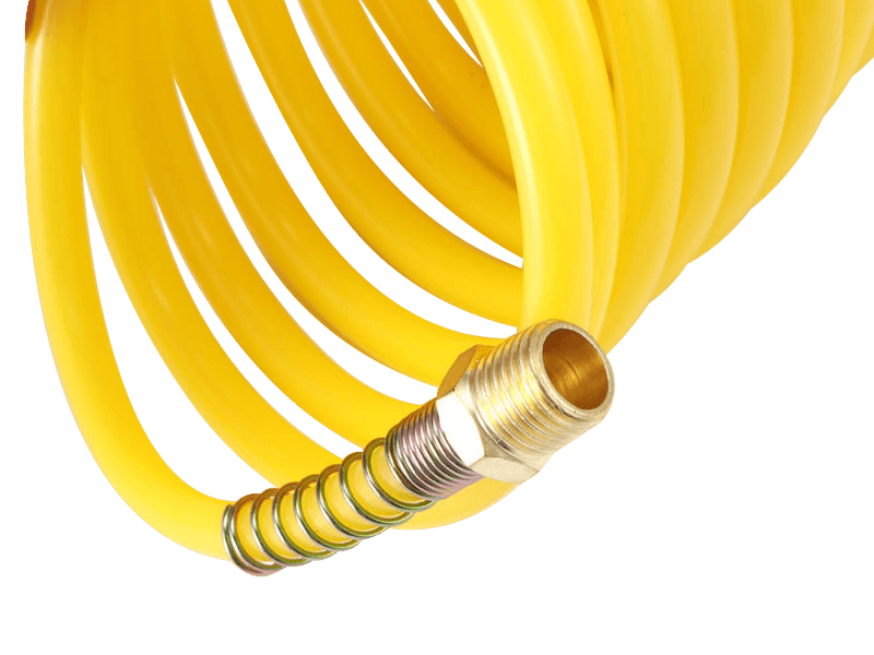 Nylon recoiled air hose with brass fitting.