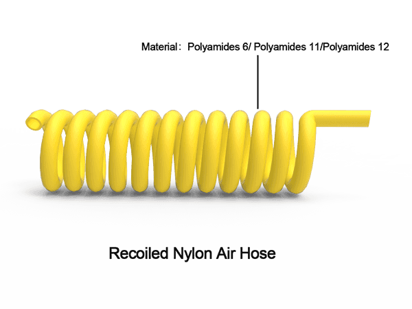 Nylon recoiled air hose with brass fitting.