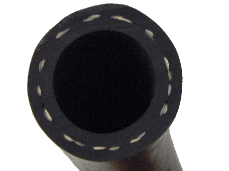 A black rubber air hose is reinforced with synthetic yarn.