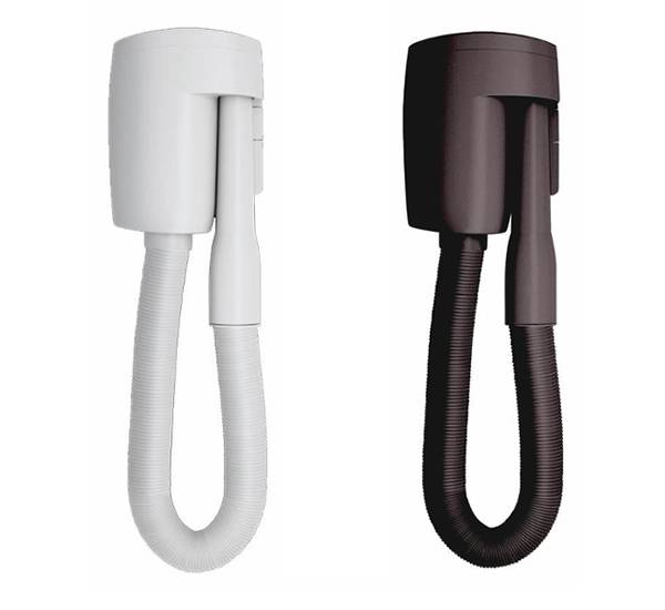 There are two wall mounted hair dryers with white and black color